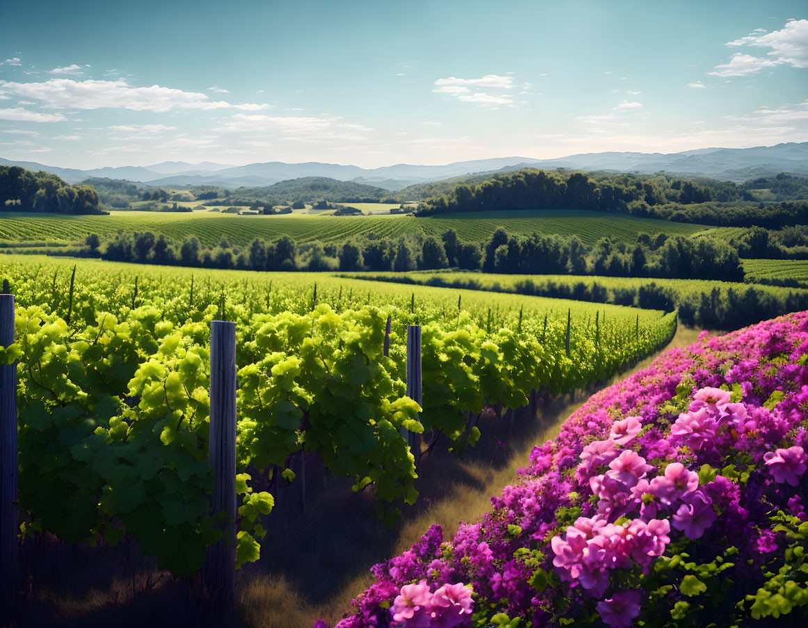 Vibrant green grapevines, pink flowers, rolling hills, and blue sky