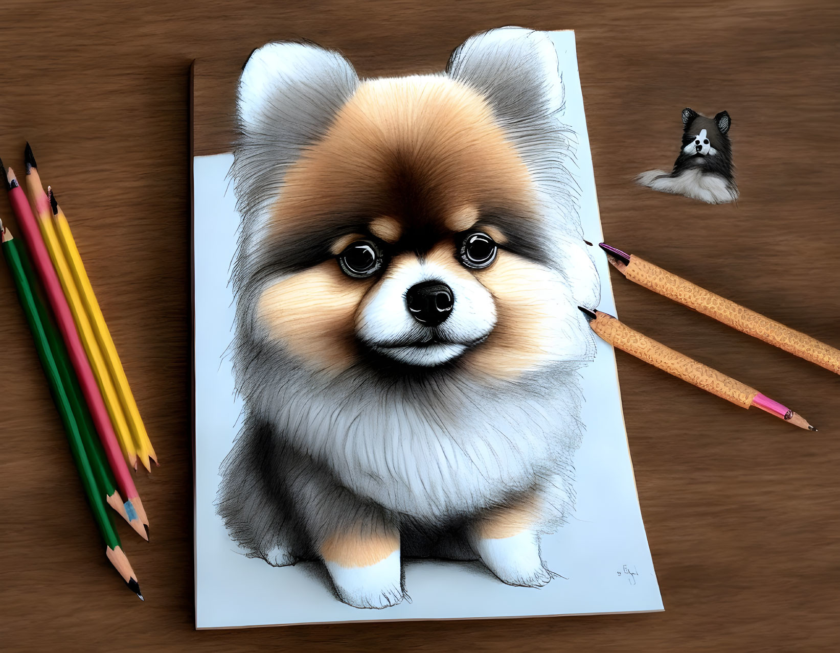 Detailed hyper-realistic Pomeranian dog drawing with colored pencils and dog figurine on wooden surface