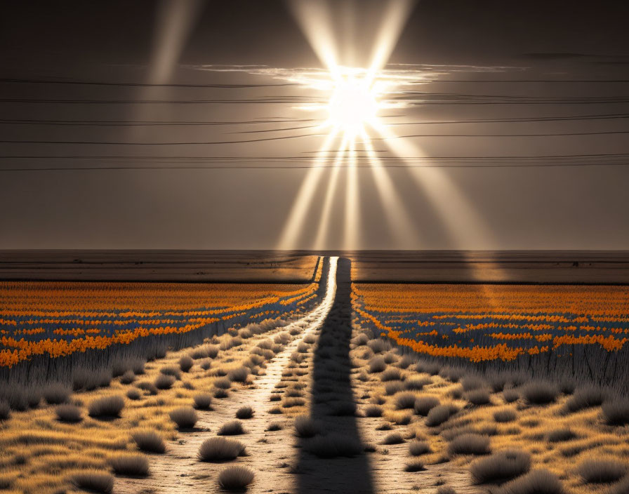 Vibrant field with sunburst, colorful flowers, and central path