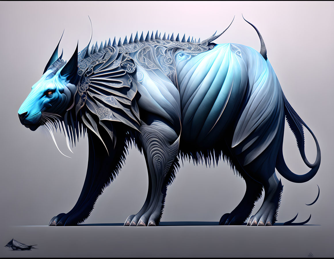 Majestic fantasy creature with blue and white armor and intricate patterns