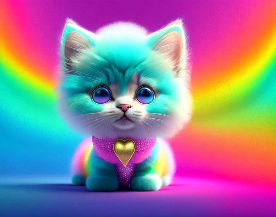 Colorful digital illustration of a turquoise kitten with blue eyes and a purple collar.