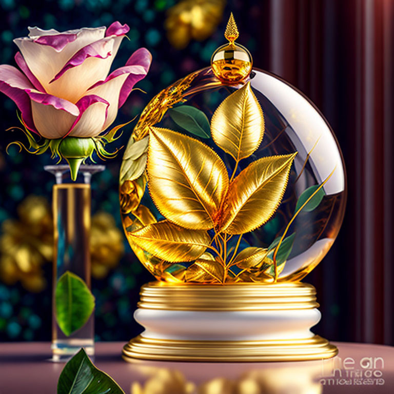 Glass container with golden leaf arrangement and pink rose on white stand.