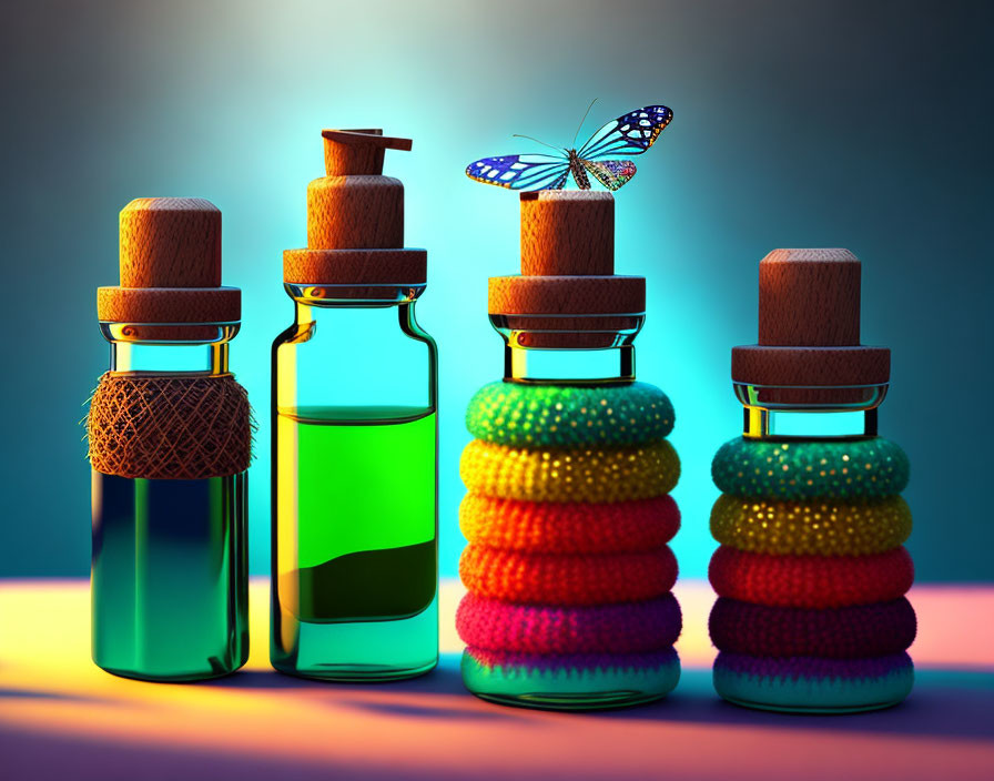 Colorful Glass Bottles with Cork Stoppers on Gradient Background