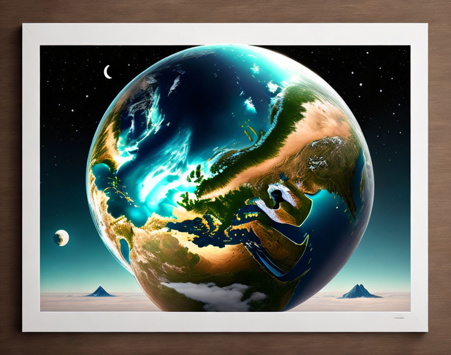 Detailed Earth Poster with Moon and Starry Sky Wall Art