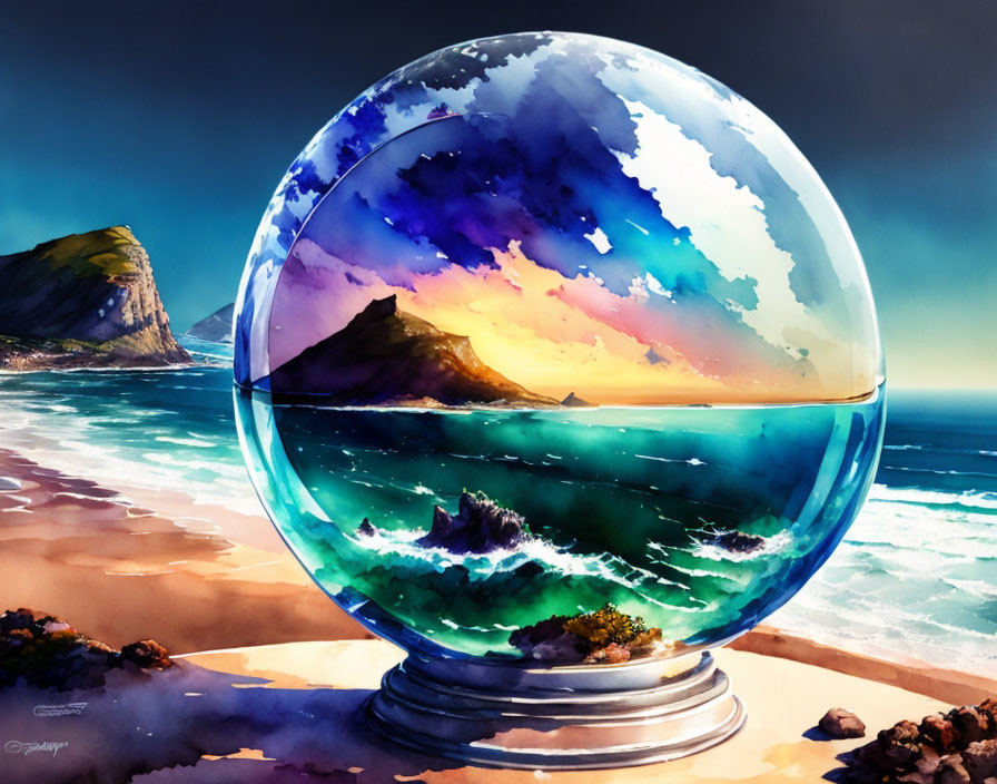 Crystal Ball Seascape Painting with Waves, Sky, Mountains, Beach, and Cliffs