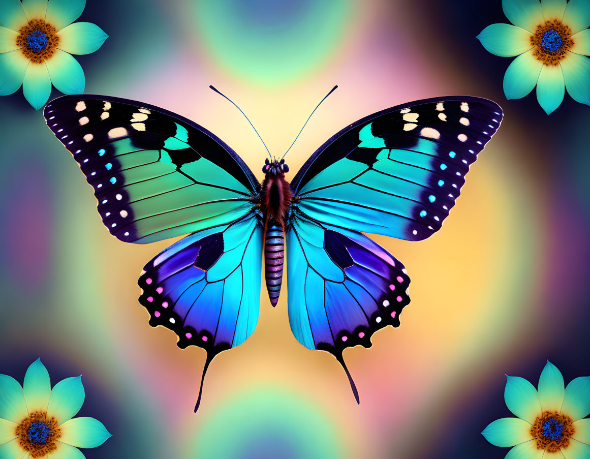 Blue butterfly with black spots on floral background