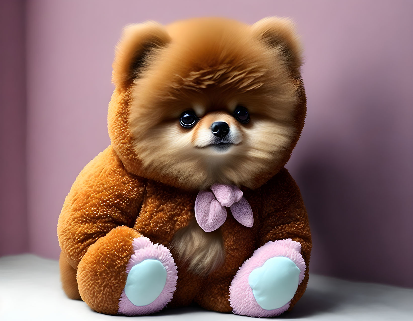 Fluffy Pomeranian Dog in Teddy Bear Costume on Pink Background