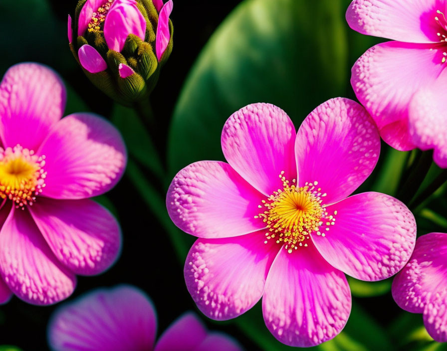 Bright pink flowers with yellow centers and dew-covered petals on green foliage