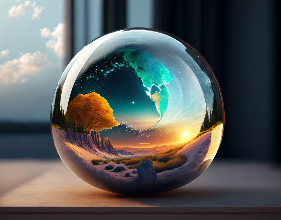 Crystal Ball Displaying Summer and Winter Seasons on Windowsill