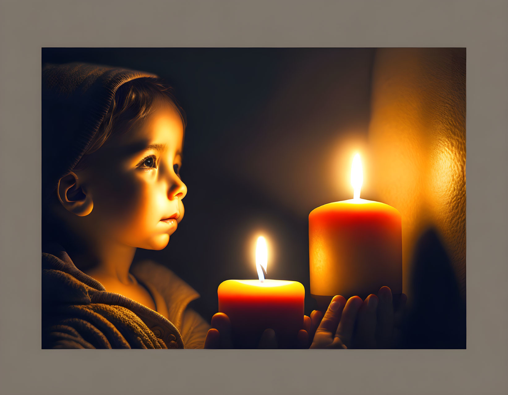 Child Reflects on Two Lit Candles in Dimly Lit Room