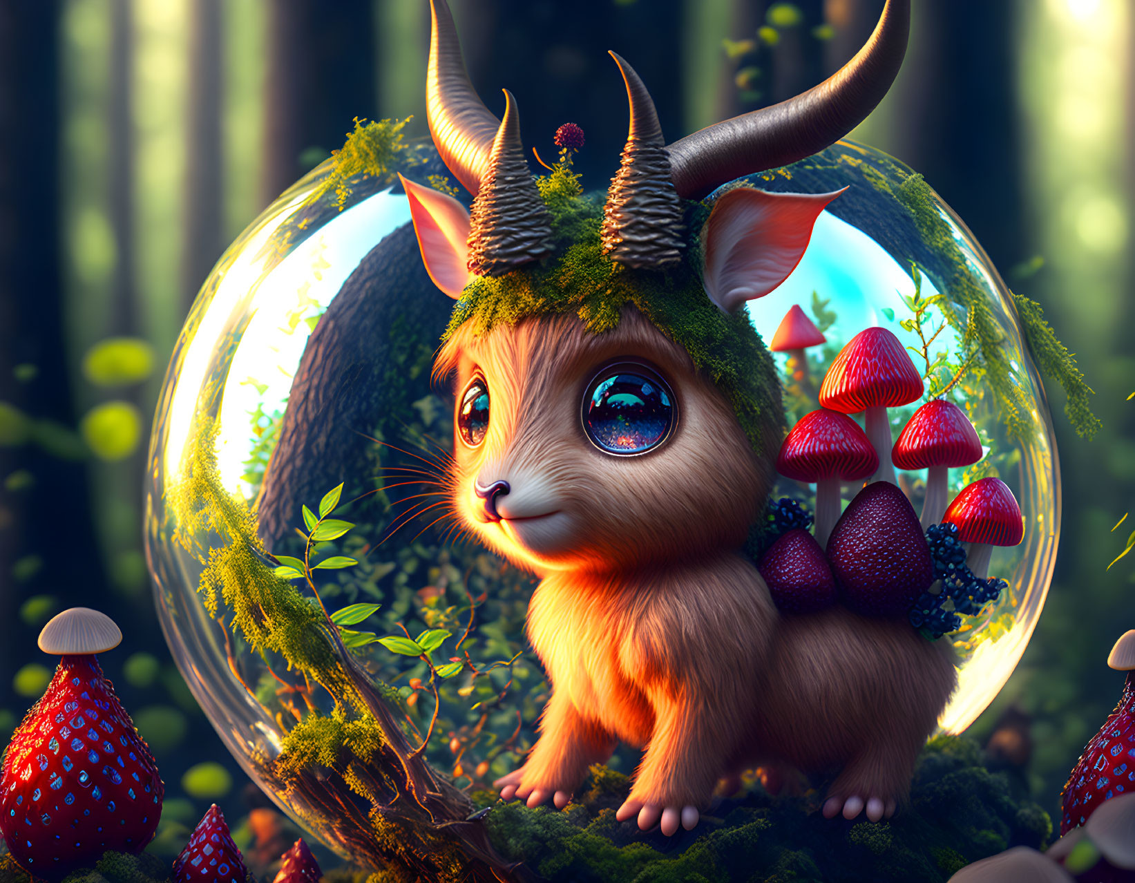 Whimsical creature with large eyes and antlers in forest bubble surrounded by mushrooms.