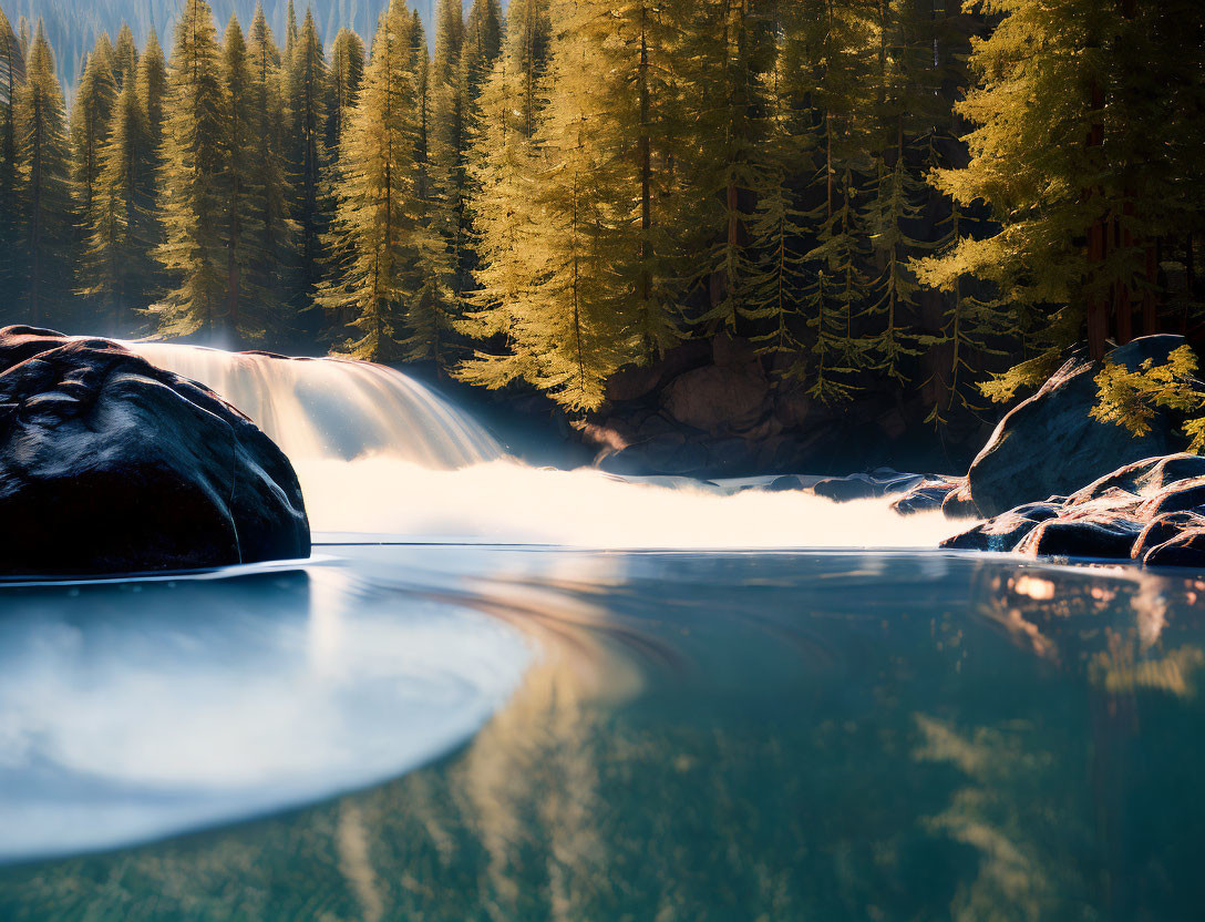 Scenic waterfall between rocks with sunlit pine trees and blue sky