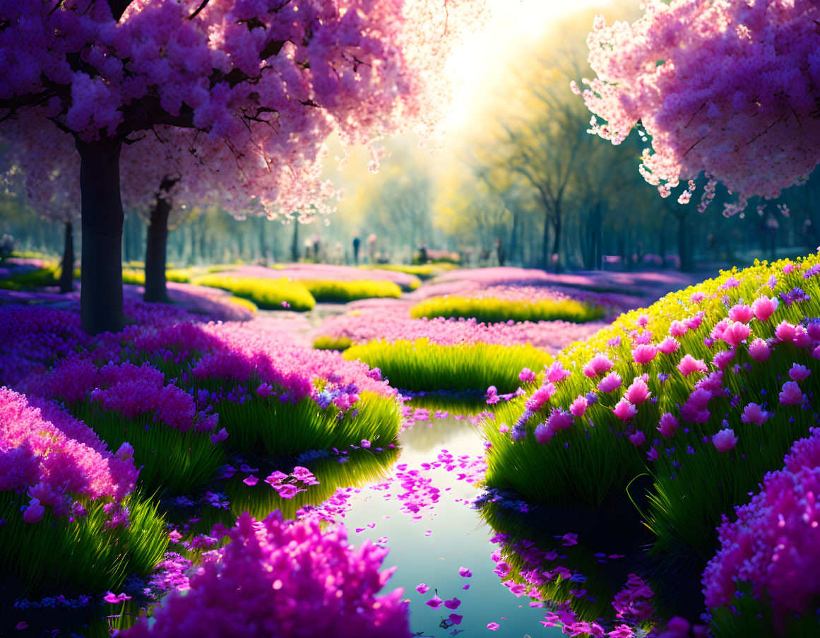 Lush garden with pink cherry blossoms and purple flowers by a stream