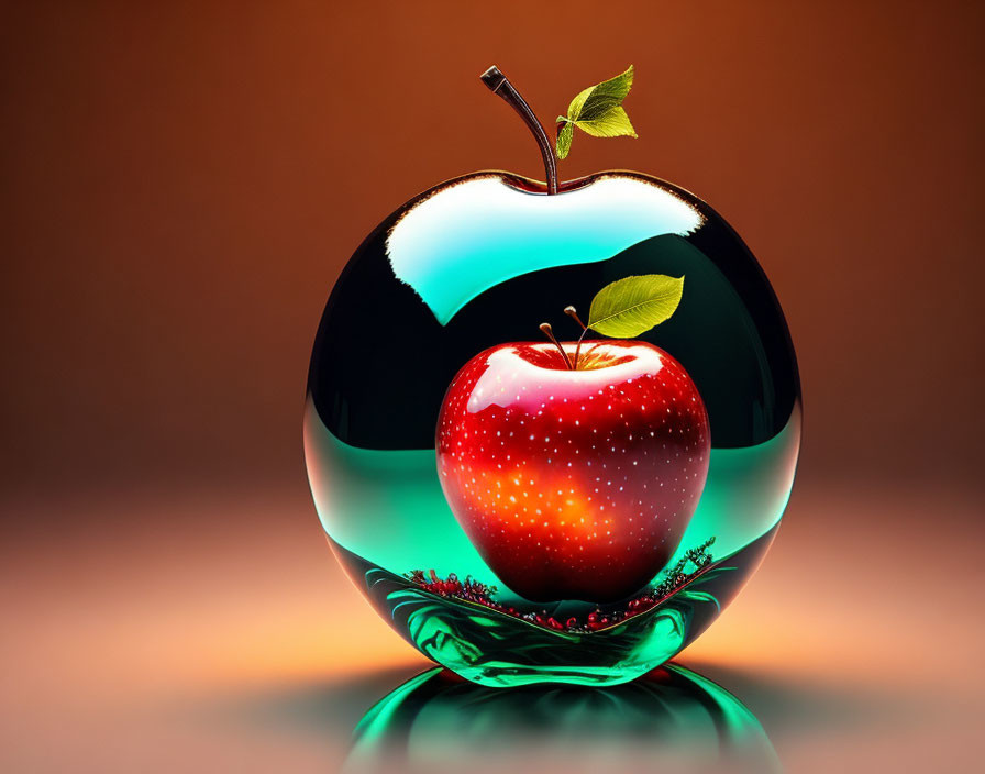 Vibrant 3D red apple in transparent apple shape with leafy branch motif on amber background