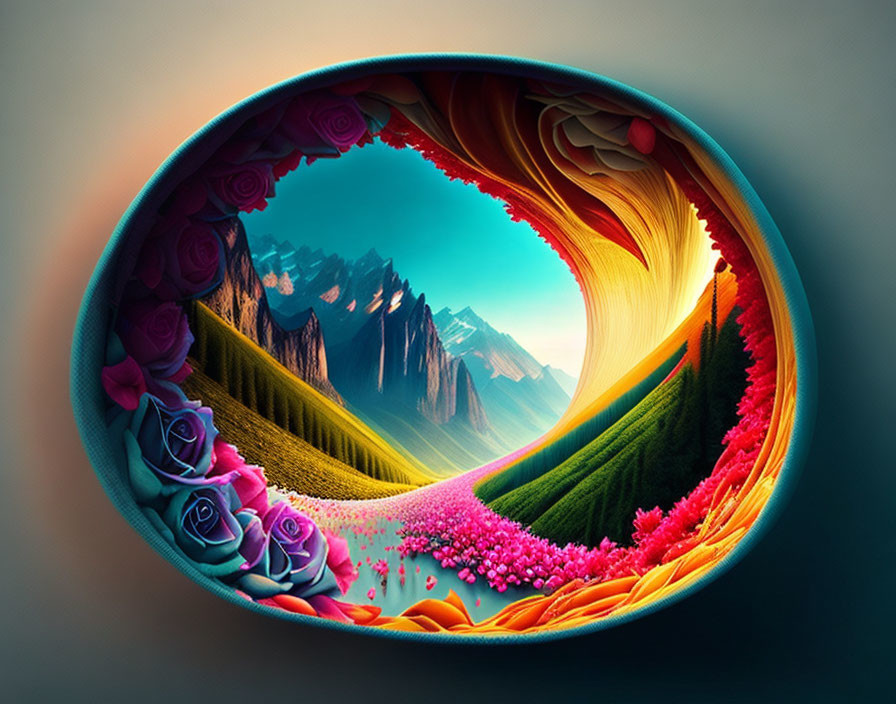 Colorful Oval Frame Landscape with Mountains, Path, and Blue Roses