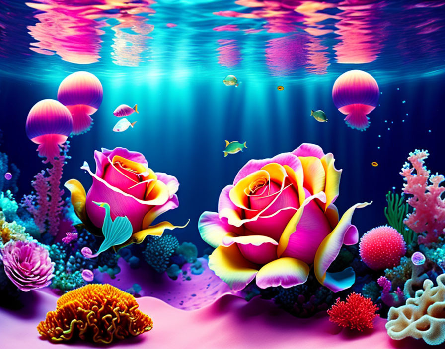 Vibrant underwater scene with roses, jellyfish, tropical fish, and colorful corals