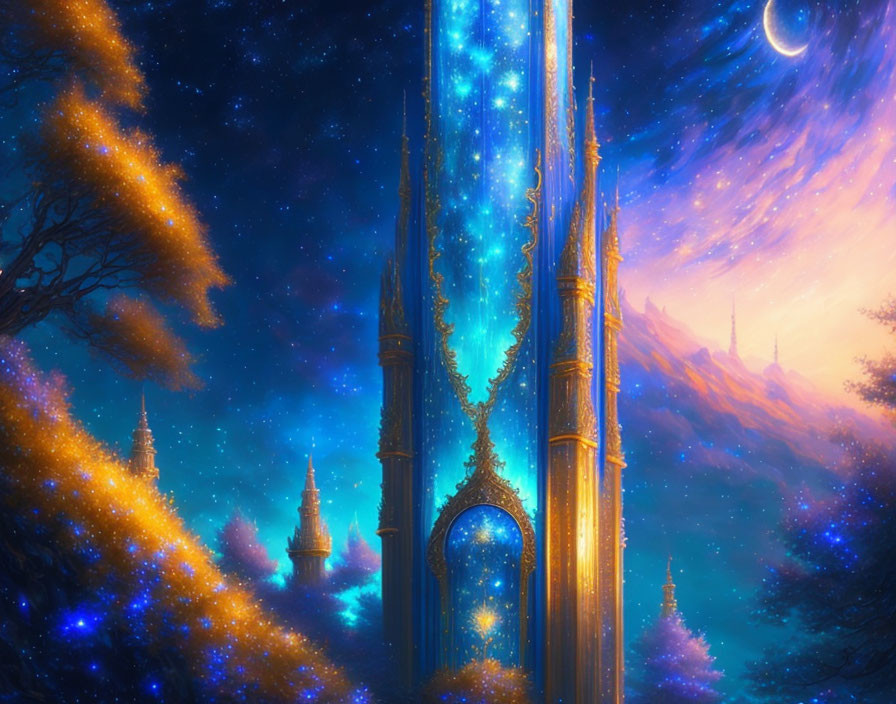 Fantastical glowing blue tower in magical star-filled night sky