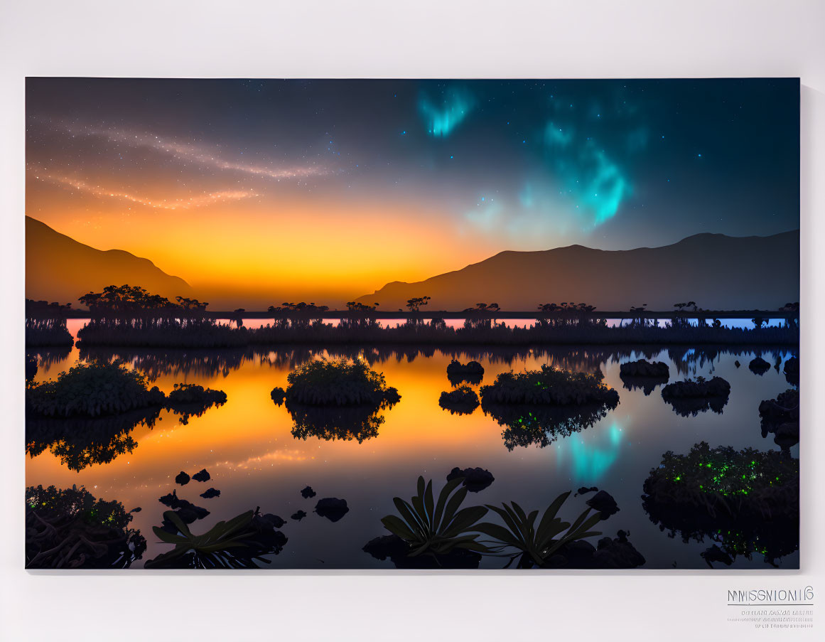 Twilight landscape with aurora over mountains and lake