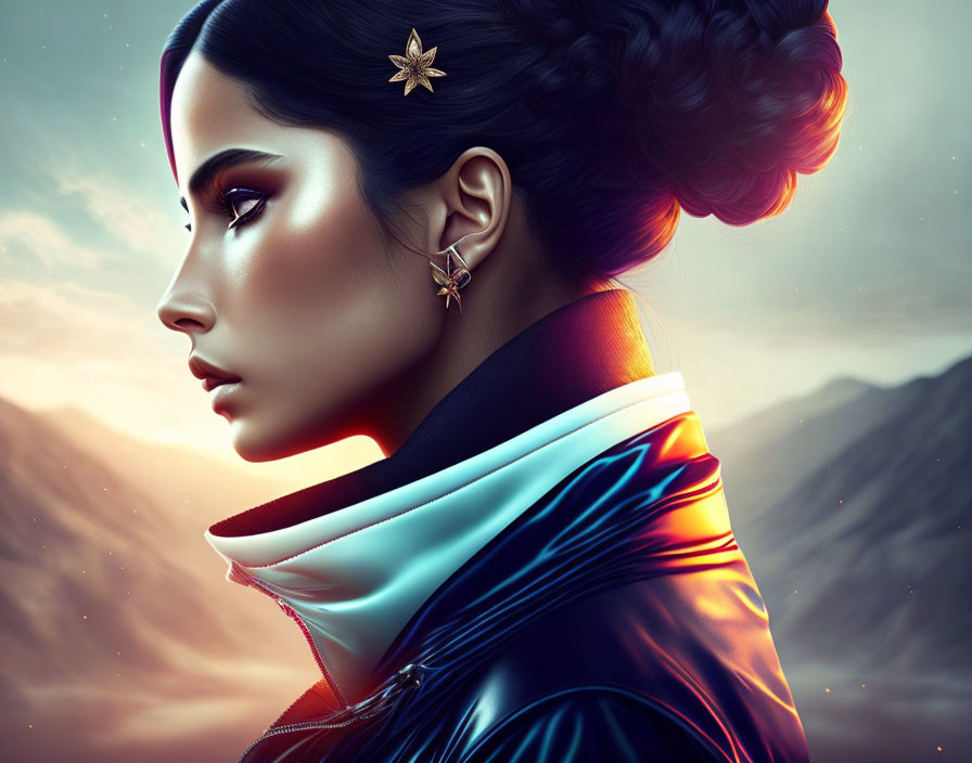 Futuristic woman with stylized hair bun in mountain twilight.