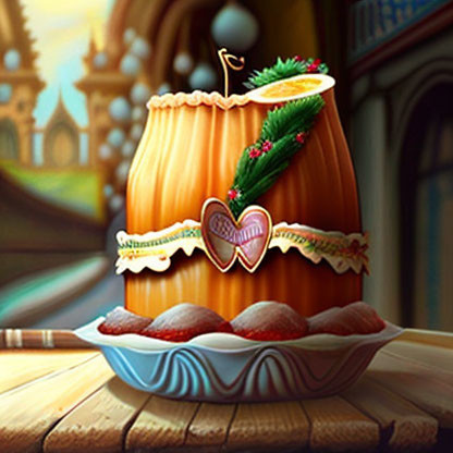 Ornate orange cake with cherry, mint, cookie, chocolates, and castle backdrop