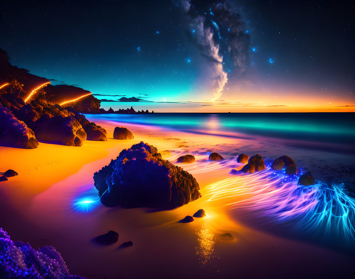 Vibrant night beach scene with starry sky, bioluminescent sand, colorful rock lights