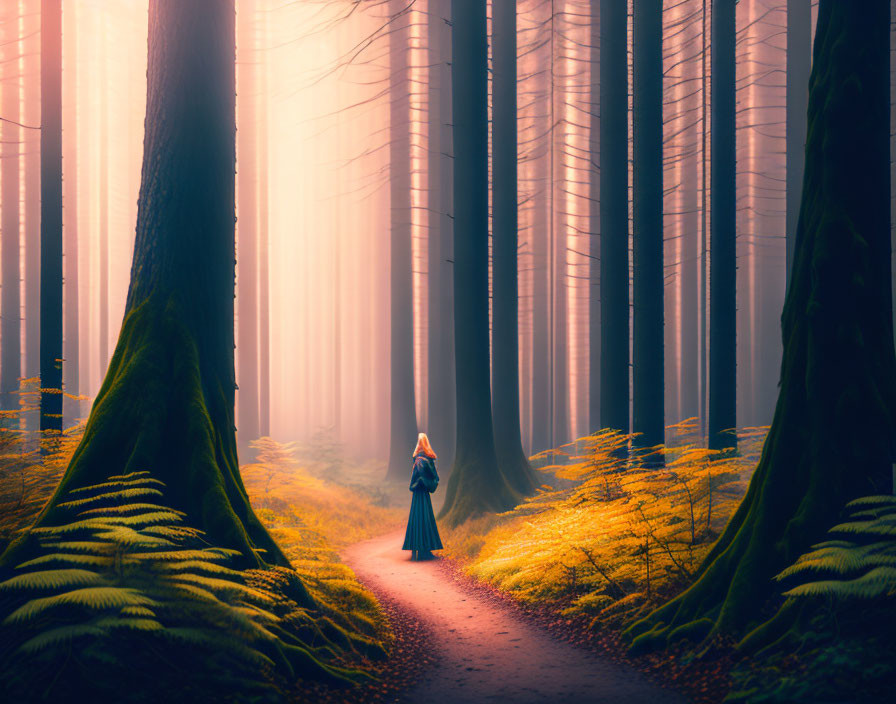 Person standing on forest path among tall trees and ferns with sunlight rays.