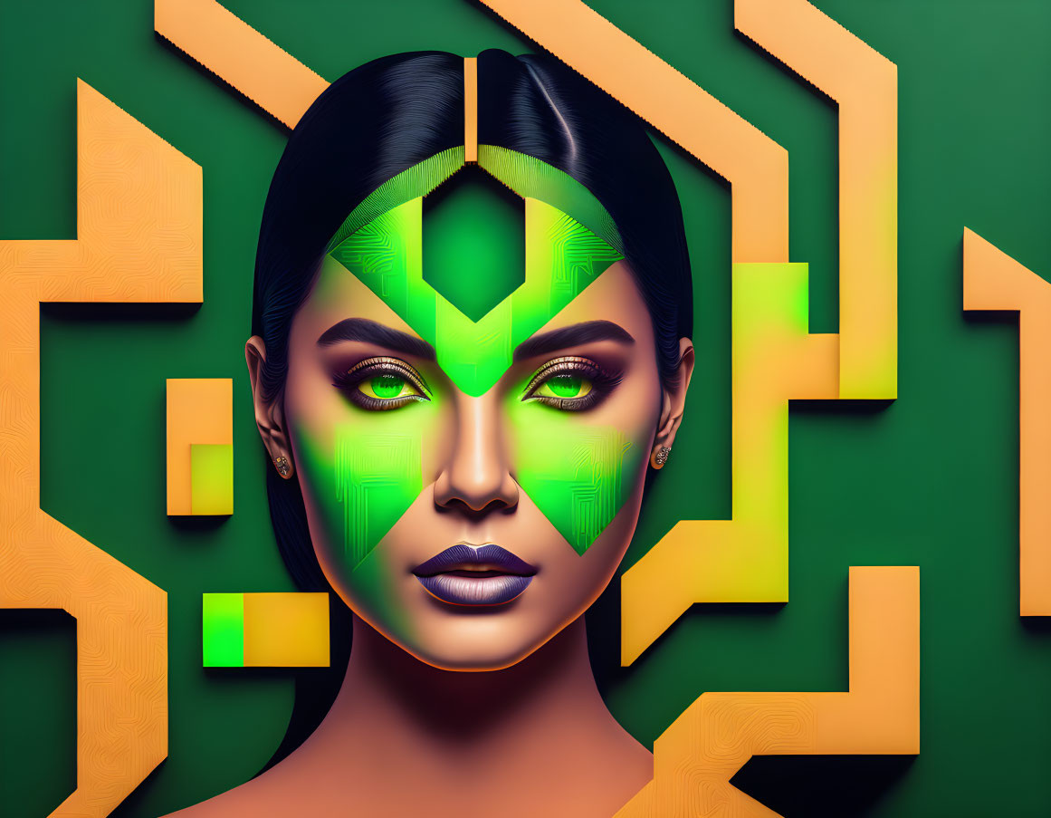 Portrait of Woman with Green Geometric Face Patterns on Green and Gold Background