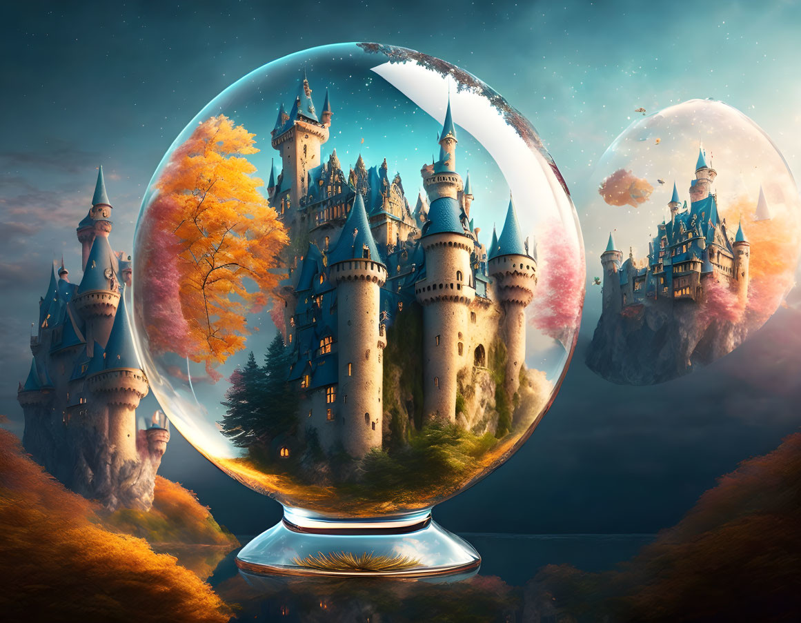 Fantasy landscape with magical castles in orbs, autumn trees, surreal twilight sky