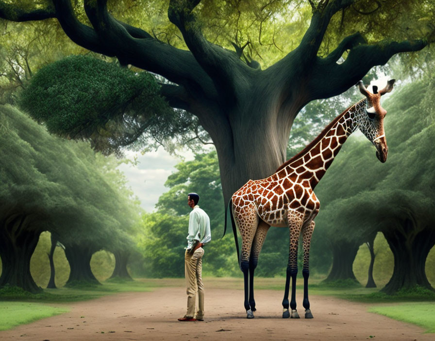 Man standing next to giraffe in lush, tree-lined setting