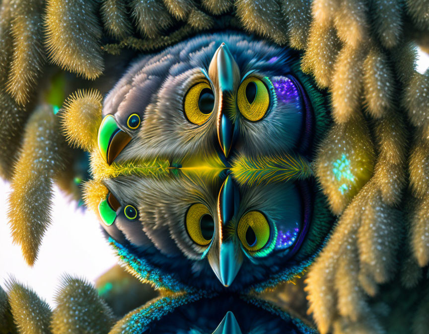 Symmetrical Owl Fractal with Vibrant Colors and Intricate Textures