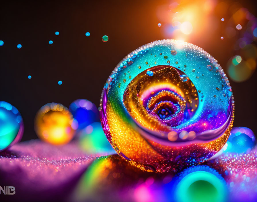 Colorful Glass Sphere with Swirling Colors and Bokeh Lights