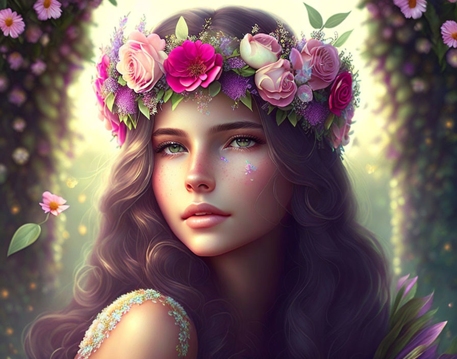 Digital artwork: Woman with floral crown, sparkling makeup, gazing in bokeh of light and flowers