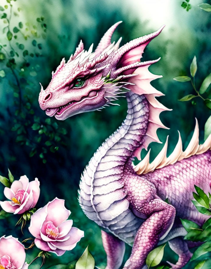 Vibrant pink and white dragon in floral setting