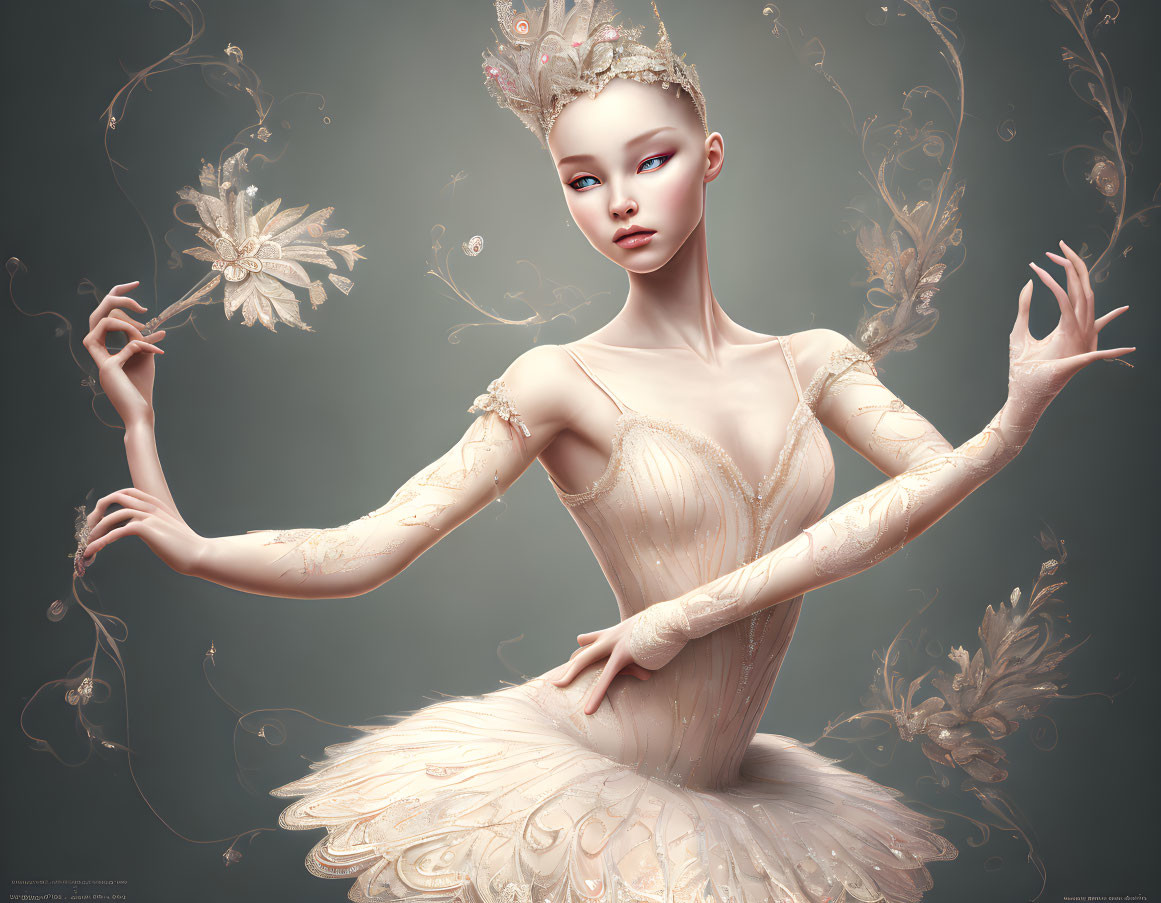 Pale-skinned ballerina in cream tutu with floral motifs holding a flower