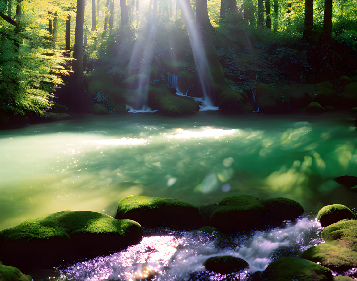 Tranquil forest pond with moss-covered rocks and waterfall