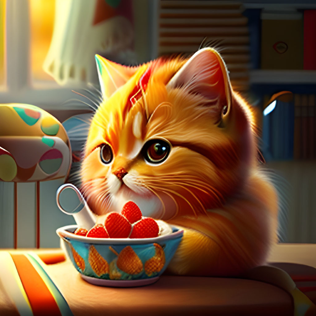 Orange Tabby Kitten with Strawberries and Party Hat on Striped Surface