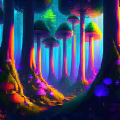 Neon-lit forest with glowing mushrooms and magical ambiance