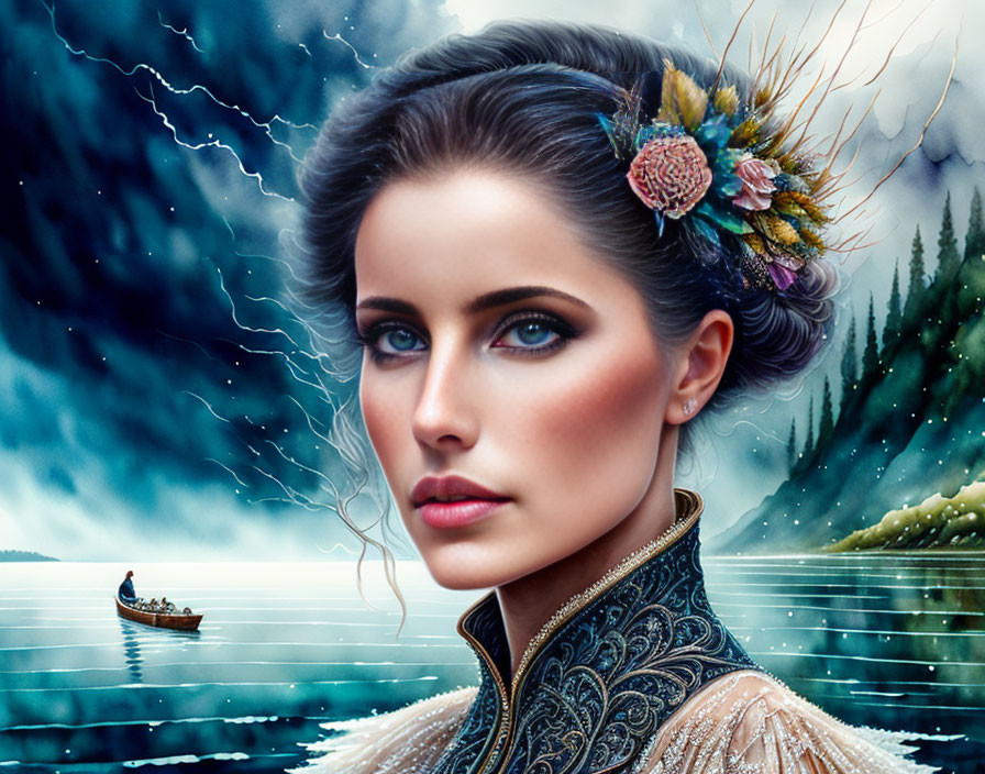 Surreal portrait of woman with striking eyes against lightning-lit sky