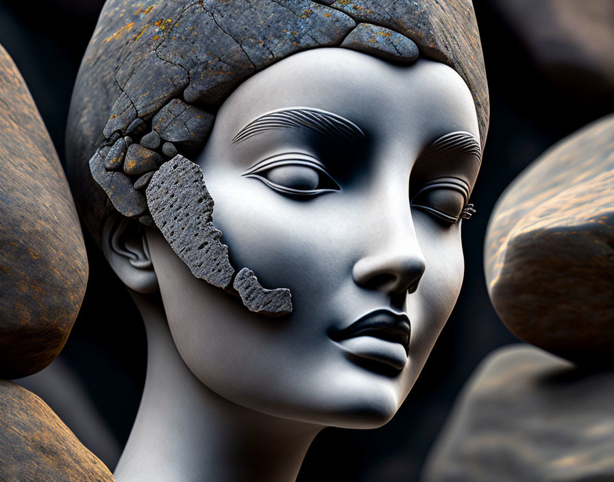 Fragmented Stone-like Female Face Surrounded by Smooth Pebbles