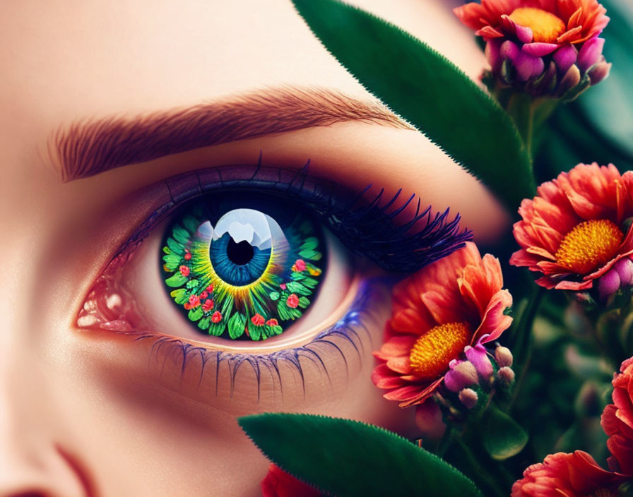 Colorful Floral Pattern Close-Up of Eye with Pink Flowers and Green Leaves