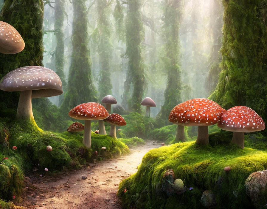 Mystical forest pathway with oversized fantasy mushrooms and moss-covered trees