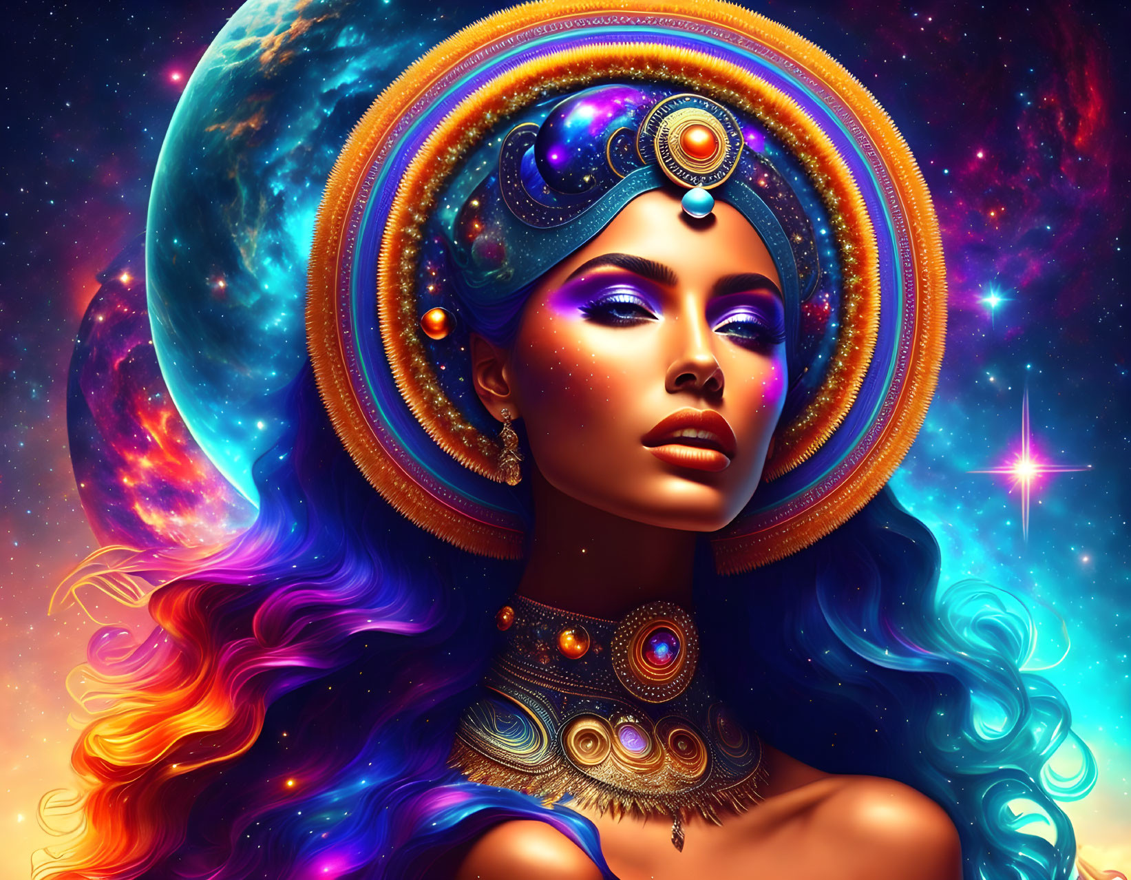 Colorful digital art: Woman with cosmic headdress, multicolored hair, and jewelry in space