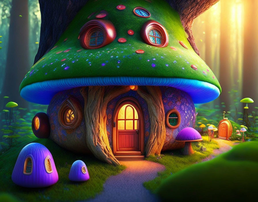 Colorful Mushroom House in Enchanted Forest Scene