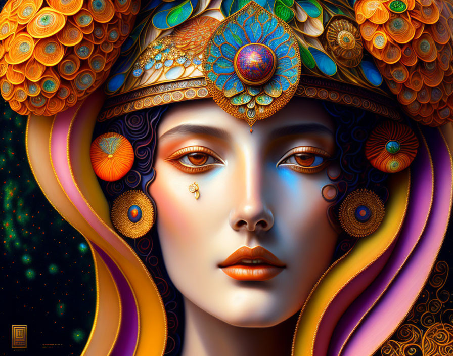 Vibrant digital artwork of woman with peacock feather-inspired adornments