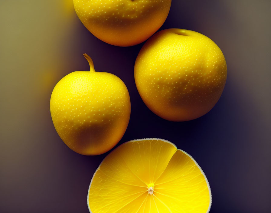 Four Yellow Citrus Fruits on Dark Background, One Cut in Half