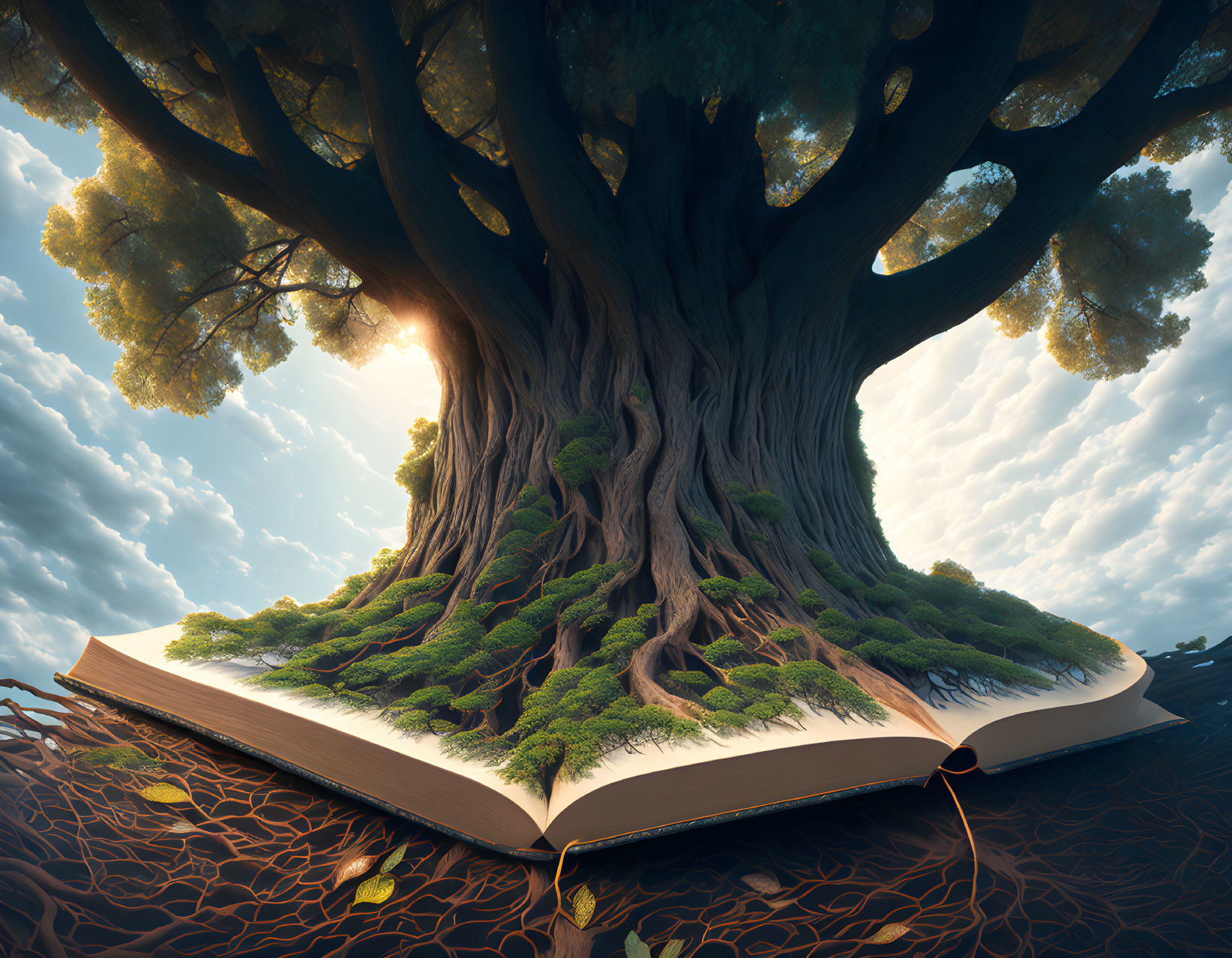 Open book with magical tree growing against dreamy sky