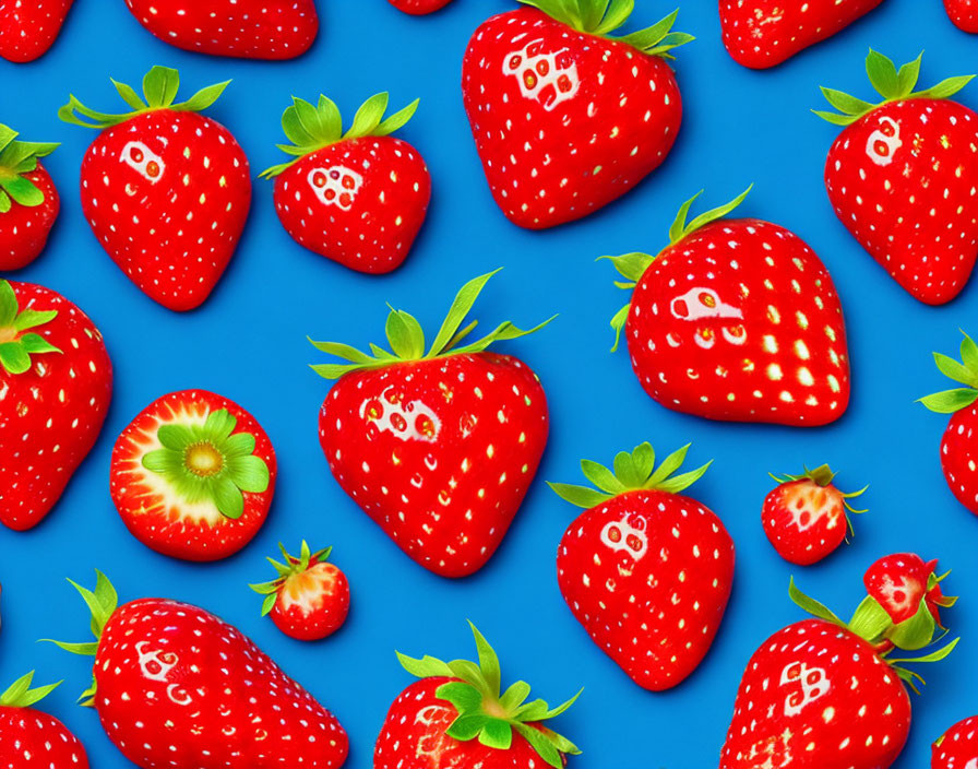 Ripe strawberries in different sizes on bright blue background