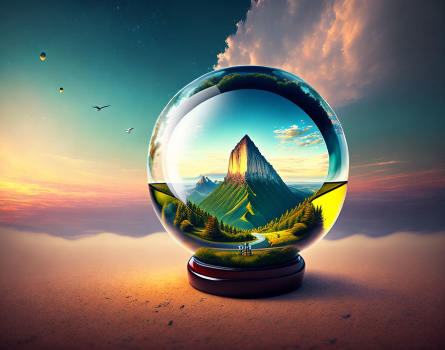 Crystal Ball with Surreal Landscape: Mountain, Fields, and Sky at Sunrise/Sunset