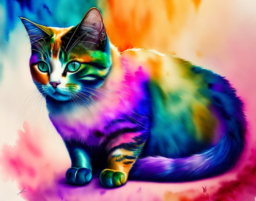 Colorful Cat Artwork in Orange, Green, and Blue Hues