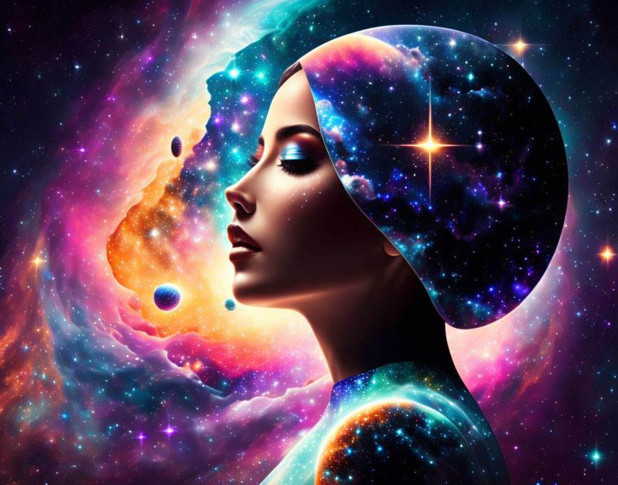 Woman with Cosmic Features Against Vibrant Nebula Sky